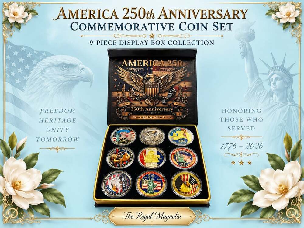 America 250th Anniversary Coin Set in Wooden Box, 4 Metal Relief Coins for Colle